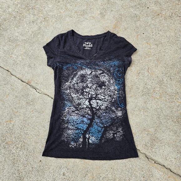 Vtg Y2k MUDD Baroque Tree Nature Scene Graphic Sheer Babydoll Tee Shirt Top Sm - Picture 1 of 6